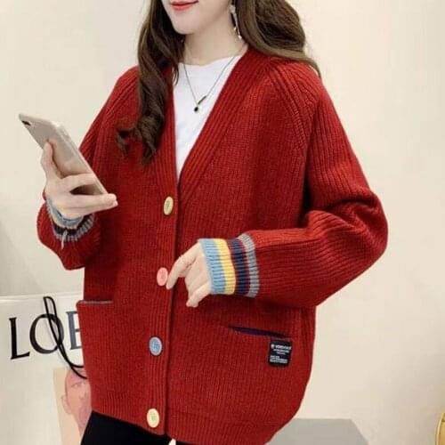 Fashion Patchwork Long Sleeve V-Neck Knitted Sweater Women Top 5 Color Winter Thick Loose Casual Big Pocket Knit Cardigan Female