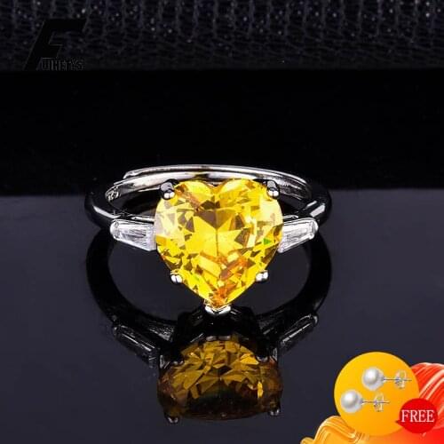 BaliJelry Trendy Women Ring Silver 925 Jewelry Heart-shape Citrine Gemstone Open Finger Rings Accessories for Wedding Engagement
