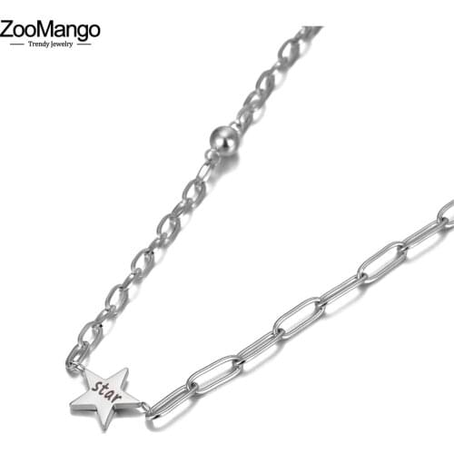 ZooMango Original Design Rose Gold Star Pendant Necklace For Women Stainless Steel CZ Crystal Link Chain Choker Necklace ZN20131