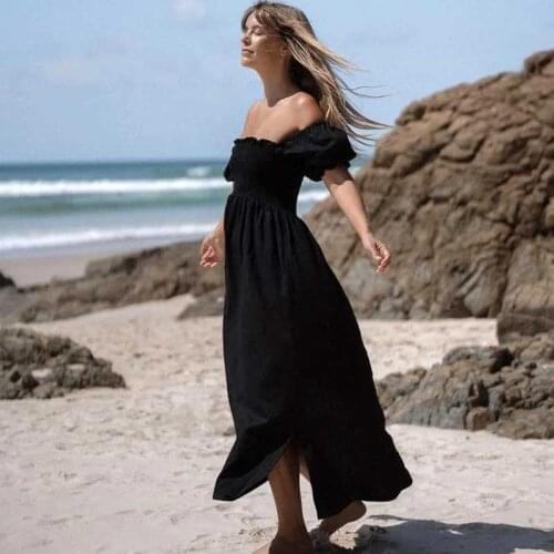 BOHO INSPIRED shirred bust cotton women dress puff sleeve ruffled summer dress slit side new boho dress black dress ladies 2021