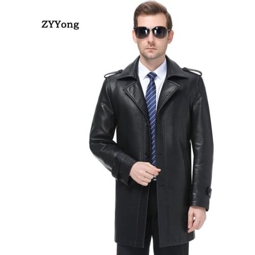 Winter Leather Jacket Men Trench Coat Windproof Warm Long Slim Windbreaker Top Business Blazer Overcoat Windbreaker Outwear