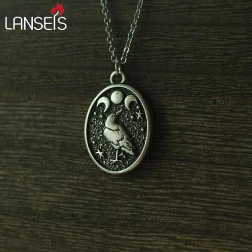 Lanseis 1pcs Handmade Black RAVEN In Moon pendant Raven and Triple Moon Vintage birds necklace girls boy nart jewelry