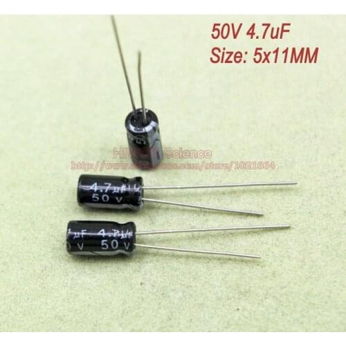 100pcs/lot) 50V 4.7uf DIP Aluminum Electrolytic Capacitor size 5x11mm Through Hole Electrolysis Electric Capacitor
