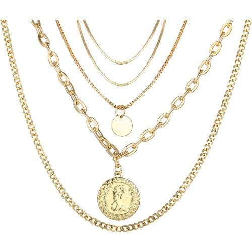 5438 Han Zhishang European and American Portrait Seal round Plate Multistory Necklace Creative Personality Metal Alloy