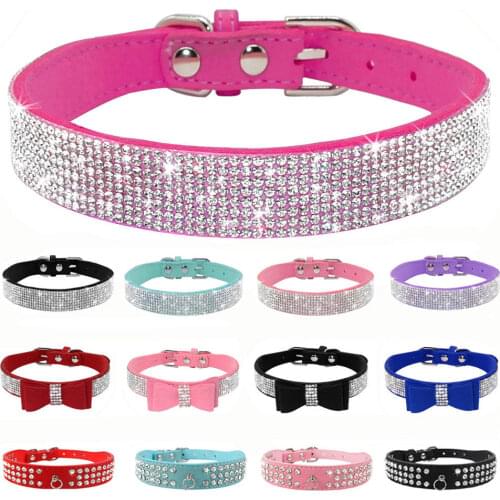 Bling Rhinestone Puppy Cat Collars Adjustable Leather Bowknot Kitten Collar For Small Medium Dogs Cats Chihuahua Pug Yorkshire