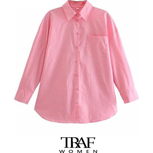TRAF Za Women Fashion With Pockets Oversized Blouses Vintage Long Sleeve Button-up Female Shirts Chic Tops