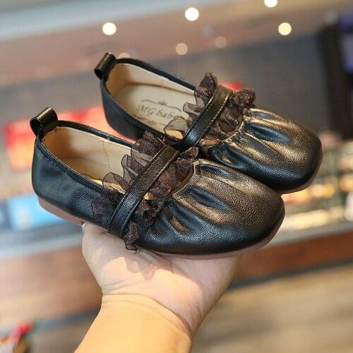 Black Leather Shoes Girls Party Dress Shoes Lace Princess Sweet Childrens Loafers Kids Flats 2021 Spring Autumn Brand New Soft