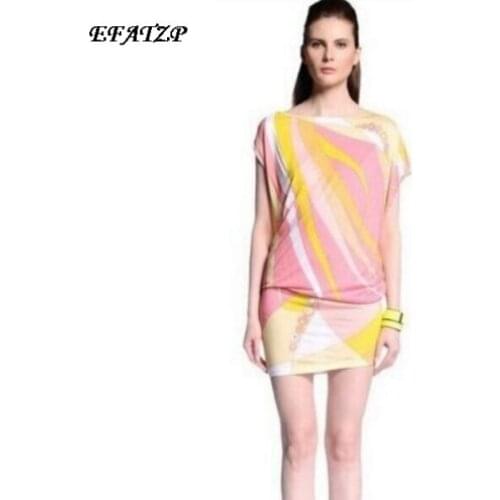 [EFATZP] New Luxury Brands Womens Short Sleeves Multicolor Abstract Geometric Print Plus Size XXL Stretch Jersey Silk Dress