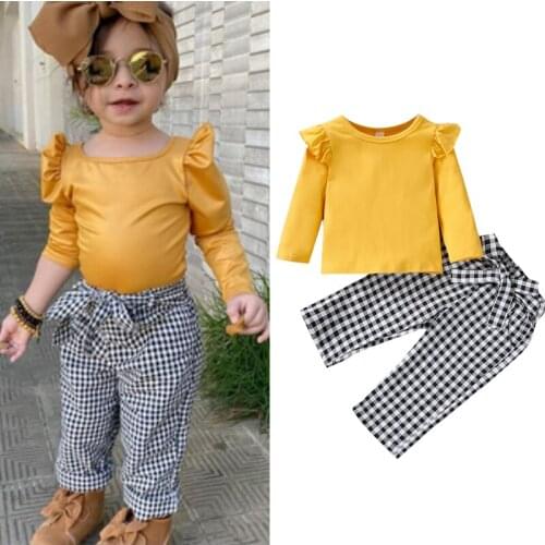 FOCUSNORM 2pcs Infant Baby Girls Clothes Sets Flying Long Sleeve Solid Tops Plaid Printed Pants Outfits 0-5Y