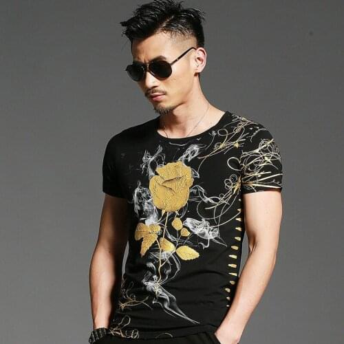 Summer Mens Short Sleeve Rose Flowers Print Slim Fit T-shirt Cotton O-neck Big Size Black White Blue B45
