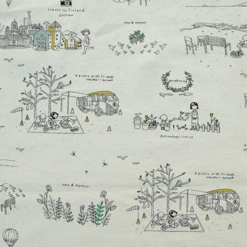 Cotton Linen Fabric for sewing pathwork, bedding - lovely girl, tree, bus and ballon (width=140cm)