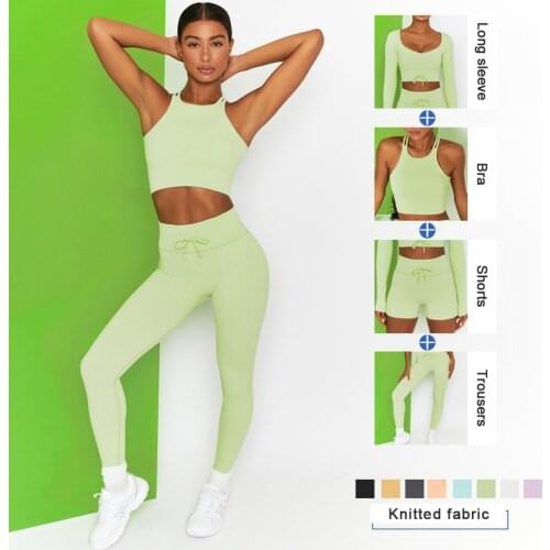 2PCS Seamless Women Workout Outfits Sports Suits Gym Clothing Long Sleeve Crop Top Bra High Waist Leggings Fitness Sportswear