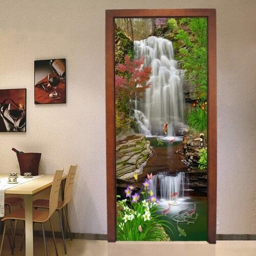 Beautiful 3D Waterfalls Landscape Door Sticker Living Room Kitchen Waterproof Wallpaper Vinyl 3D Mural Home Decor Door Decal