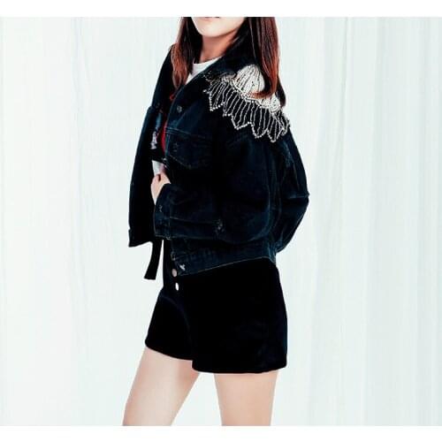 Fashion Spring Autumn Jean Jacket Plus Size Pearl Beading Shoulder Black Collarband Coat Ripped Denim Casual Long Sleeve Women