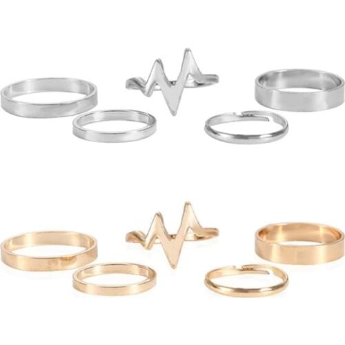 1set Metal Simple Fashion Lightning Ring Heart Beat ECG Electrocardiogram Couple Adjustable Rings for Women Men Lovers Girls
