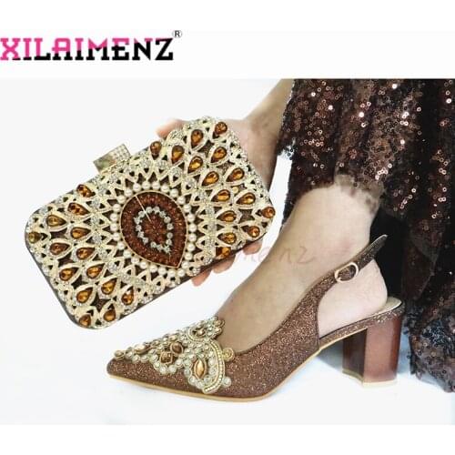 2020 New Arrivals Square Heels Shoes and Bag in Coffe Color New Design Italian High Quality Women Shoes Matching Bag for Wedding