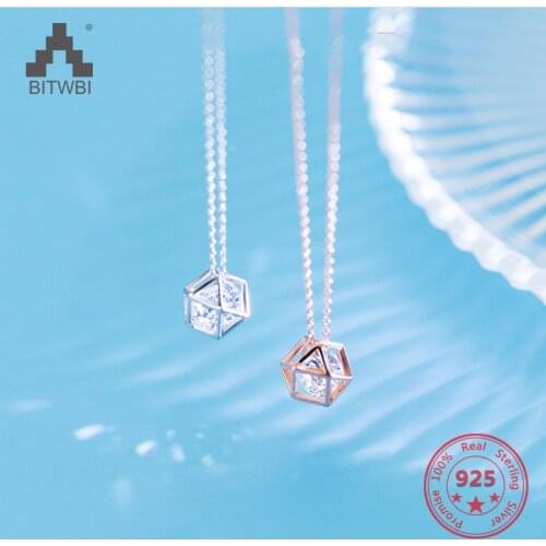 Hot S 925 Sterling Silver Fashion Simple Zircon Pendants Polygon Stereoscopic Necklace