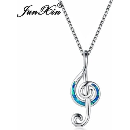JUNXIN Blue White Fire Opal Necklace Music Note Pendants For Women Silver Color Female Wedding Clavicle Necklace