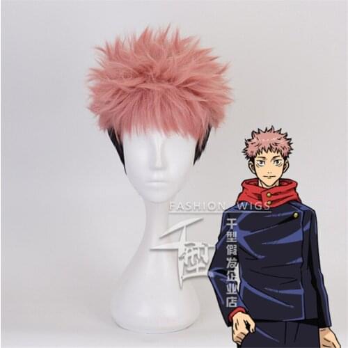 25cm Yuji Itadori Wig Short Pink Mix Black Wig Anime Fushiguro Megumi Cosplay Hair Synthetic Cosplay Wig
