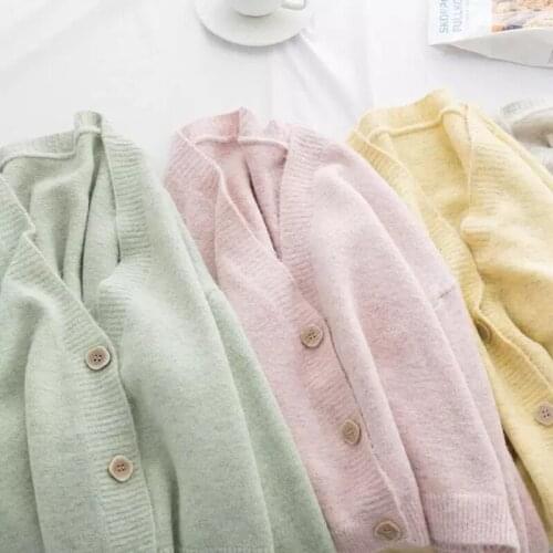 2020 Hot Fashion Popular Korean Womens Autumn Winter New Wild Loose Sweater Jacket Casual Solid Color V-Neck Long Sleeves
