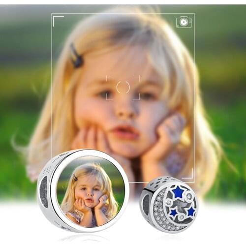 ELESHE Genuine 925 Sterling Silver Moon & Star With Shinny CZ Charm Custom Photo Bead Fit Trendy Women Bracelet Jewelry Making