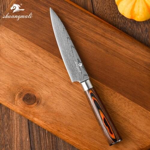 Shuangmali 5 Inch Utility Paring knife Damascus Pattern Stainless Steel Kitchen Peeling Knives Small Slicing With Wood Handle