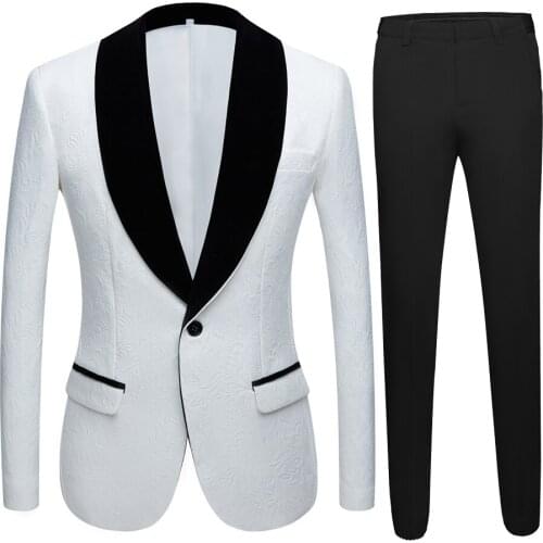 Custom Made Groomsmen White Pattern and Black Groom Tuxedos Shawl Lapel Men Suits Wedding Best Man ( Jacket+Pants+Tie ) D80
