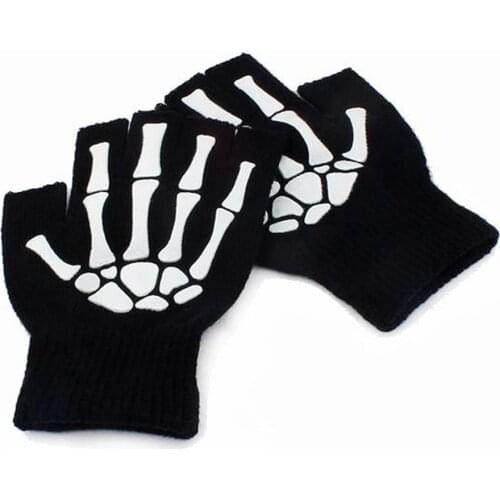 Warm Knitting Gloves For Adult Solid Acrylic Half Finger Glove Human Skeleton Head Gripper Print Cycling Non-slip Wrist Gloves
