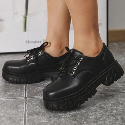 Womens Ankle Boots PU Leather Thick Bottom Lace Up Metal Decoration Shallow Ladies Flat Single Shoe Concise Female Footwear