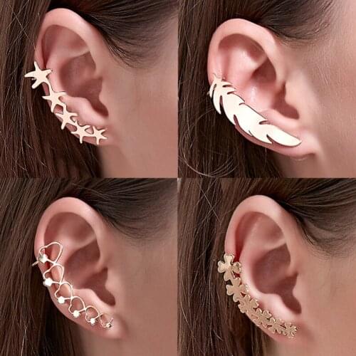 Four Leaf Clover Hollow Heart Shape Star Feather Golden White Stainless Copper Ear Cuff Clip Earrings For Women