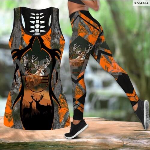 Deer Hunting 3D Printed Women Two Piece Yoga Set Vest Hollow Combo Tank Top Legging Waist Sport Fitness Quick Dry E14