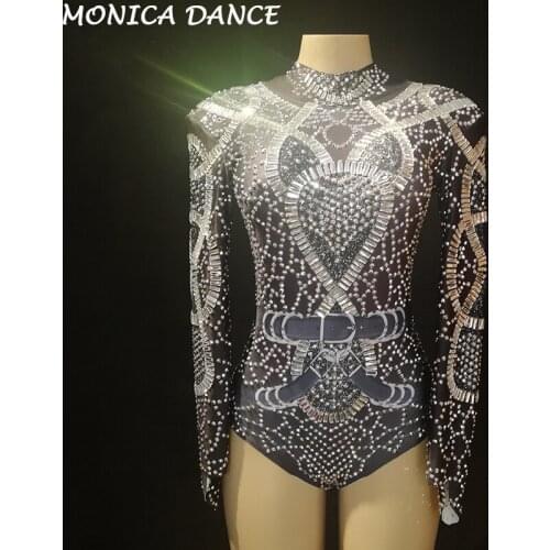 Women Sexy Stage Black Bling Bodysuit Silver Sparkling Crystals Pearls Jumpsuit Nightclub Party Stage Wear Performance Costumes