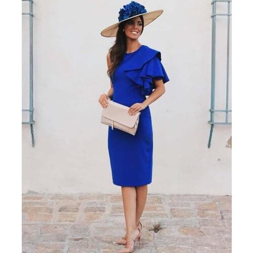 Royal Blue Satin Mother Of The Bride Dresses Plus Size One Shoulder Short Sleeves Keen Length Women Wedding Party Gowns