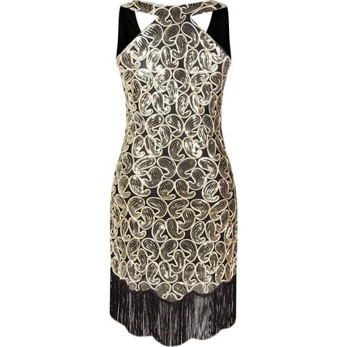Women 1920s Sequin Paisley Pattern Sleeveless Racer Back Flapper Black Gold Dress Sexy Fringe Great Gatsby Party Dress