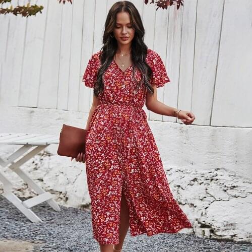 Summer Dress Women Nice Sexy V Neck Button Vintage Floral Printed Bohemian Maxi Dresses Woman Casual Beach Holiday Dress Vestido