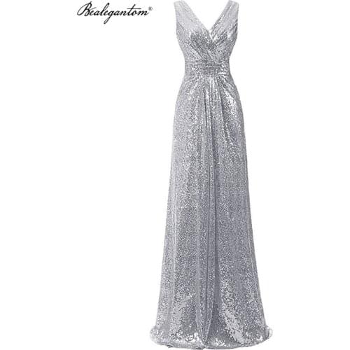 Bealegantom Sexy V Neck Sequined Prom Dresses 2021 Beading Long Vintage Evening Party Gown Longo Robes De Soiree PD1271