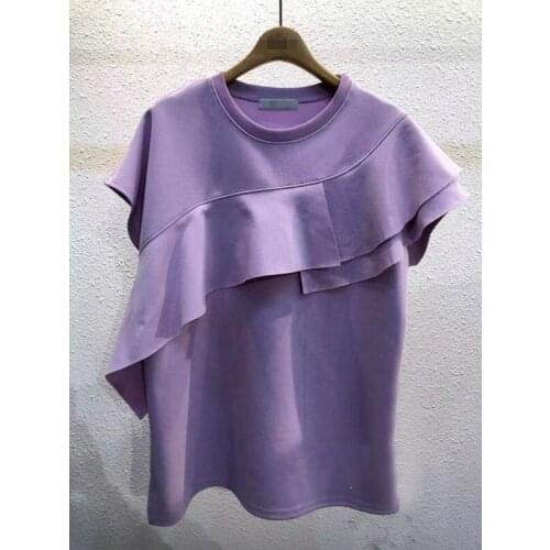 2021 Women Fashion Clothing Fashion Irregular Ruffle Stitching Short Sleeve Solid Color T-shirt Loose Top Female