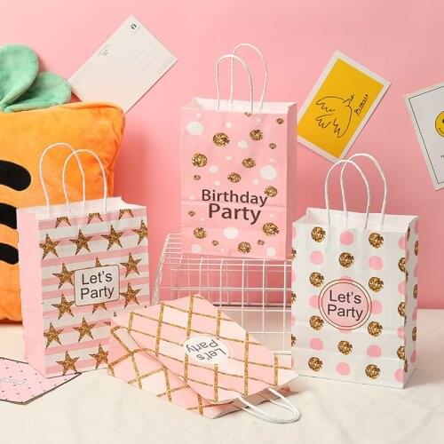 48PCS 27*21/21*15cm pink paper Paper Bag happy birthday party Gift Cookie Bag New Year Gifts Decoration package