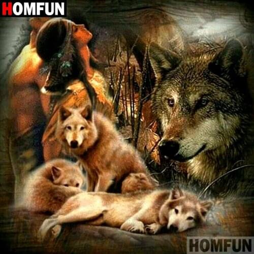 HOMFUN Diamond Painting "Indian wolf" Cross Stitch Custom Photo Diamond Embroidery Square Round Drill Home Decor A08810