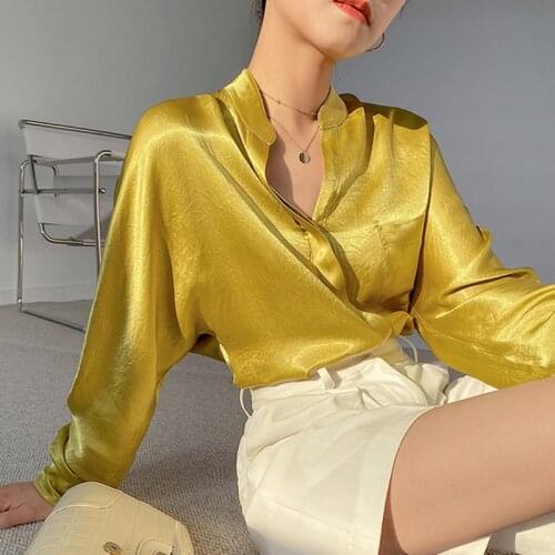 Fashion Silk Satin Off Shoulder Shirt Women Autumn New Stand Long Sleeve Blouses Women Casual Solid Button Lady Loose Tops 16098
