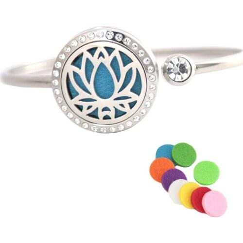 Silver Lotus Flower Bracelet Bangle Aromatherapy 25mm Magnet Crystal Stainless steel essential oil diffuser locket bracelet