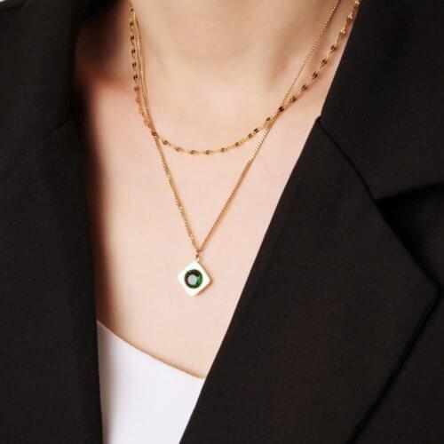 316L Stainless Steel New Fashion Upscale Jewelry 2 Layer Zircon Geometric Shape Charms Chain Choker Necklace Pendant For Women