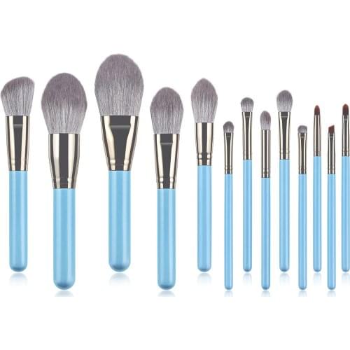 Wood Handle Blue Professional Makeup Tools Concealer Blusher Eye Shadow Face Makeup Brush Set 13pcs High Quality