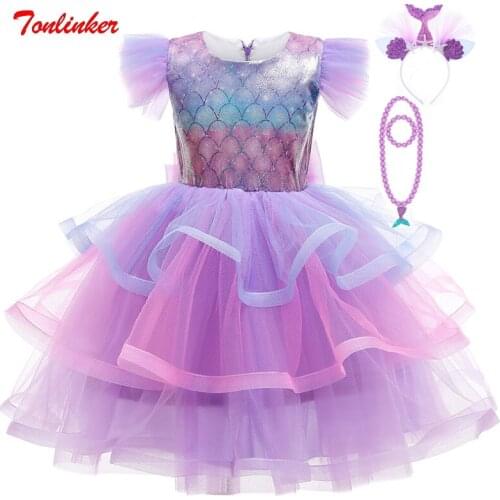 Halloween New Kids Girls Princess Mermaid Costume Pattern Bow Cake Dress Hair Hoop Set Children Cosplay Carnival Party Dress Up