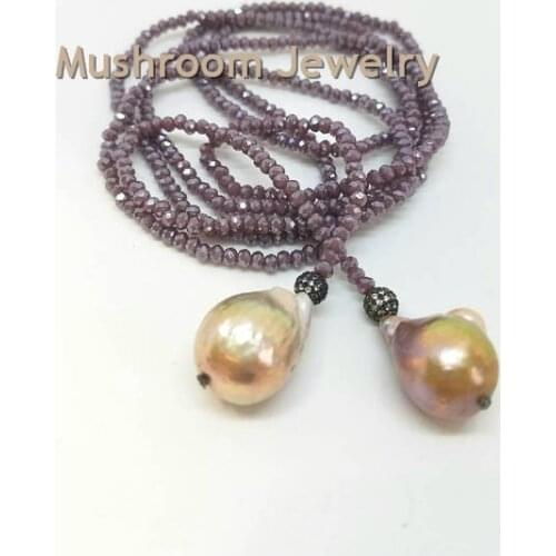 Long Pave CZ Beads Crystal Beads Necklace Boho Large Baroque Pearl Lariat Necklace Beads Ladies Necklace