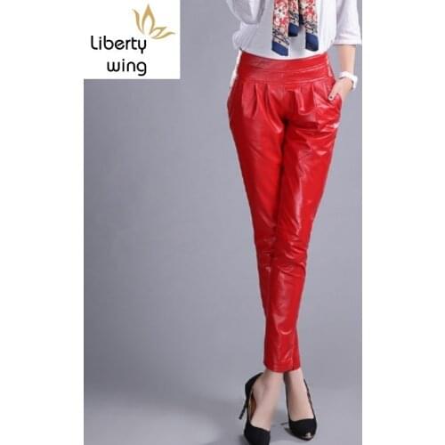 Elegant Quality Leather Pants Women High Waist Pleated Slim Trousers Office Lady Red Black Sheepskin Pencil Pantalon Mujer