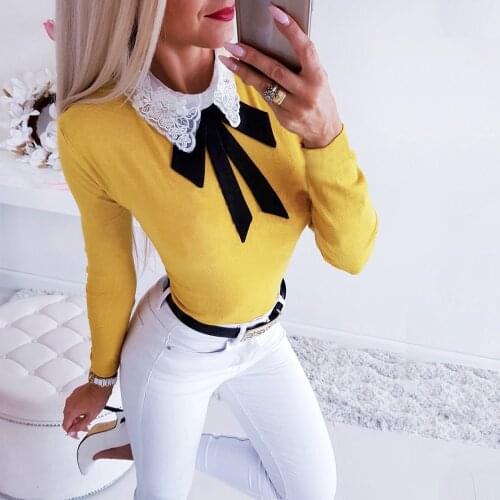 Embroidery Turn Down Collar Bow Elegant Knitted Tops Office Ladies Slim Autumn Sweater Yellow White Blue Sweaters Women Pullover