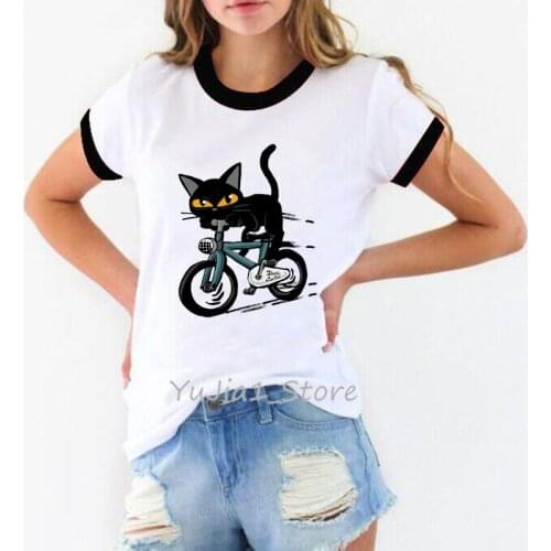 Funny Tshirts Women Black Cat Riding Bike Animal Print T Shirt Femme Kawaii Clothes Summer Fahsion Female T-Shirt Dropshipping