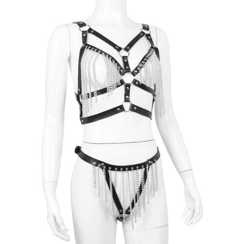 Gothic Party Club Ballroom Punk Hollow Metal Chain Tassel Ring Bandage Pu Leather Harness Crop Top Accessories Sexy Open Crotch