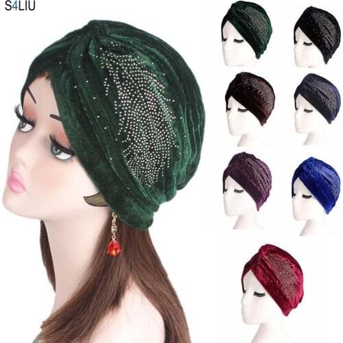 Muslim Women Beanie Hat Rhinestone Caps Turban Cancer Chemo Headwear Pleated Bonnet Islamic Arab Headscarf Hair Loss Caps New
